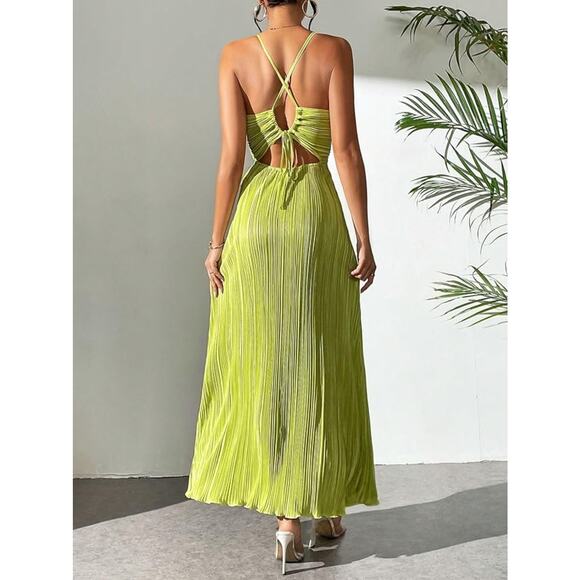 Shein Lime Green Satin Long Flowy Strappy Maxi Dress Medium - Picture 3 of 13